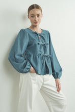 Load image into Gallery viewer, She’s an It Girl Denim Tie Top
