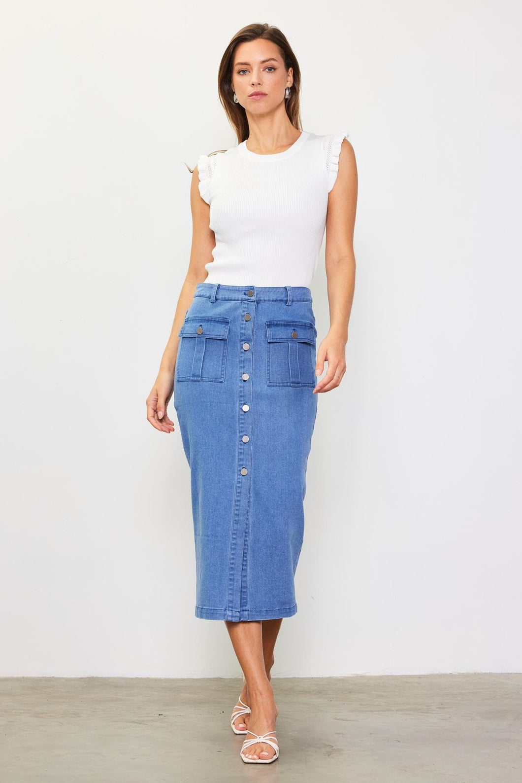 Just Between Us Denim Midi Skirt