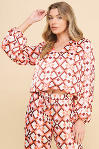 Mocha Blush Geo Silk Blouse