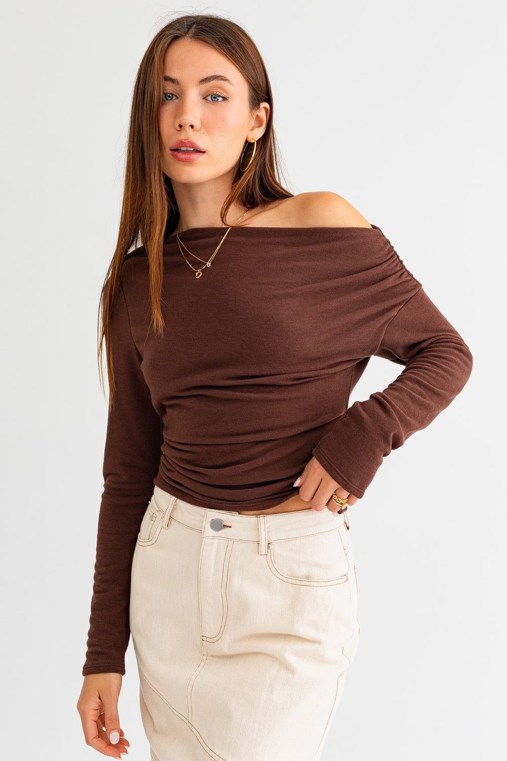 Brown Slouchy Shoulder Top