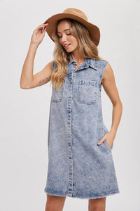 Frayed Hem Sleeveless Denim Dress