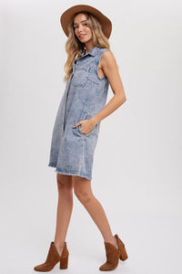 Frayed Hem Sleeveless Denim Dress