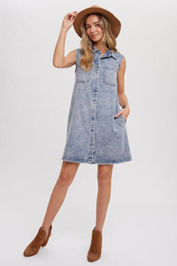 Frayed Hem Sleeveless Denim Dress