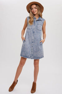 Frayed Hem Sleeveless Denim Dress