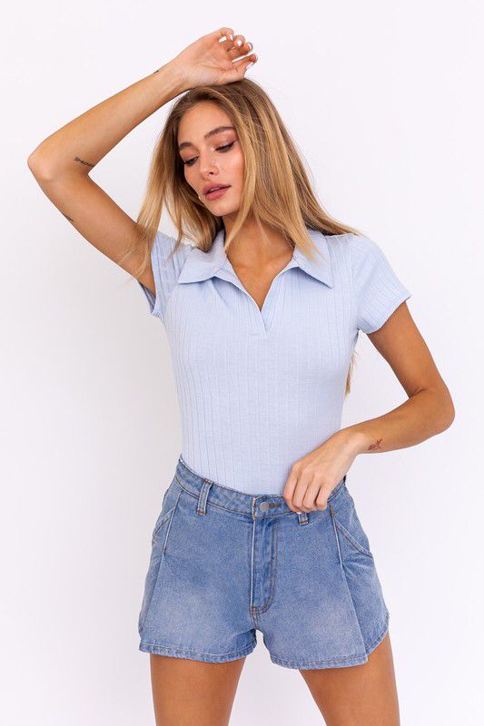 The Ribbed Polo Bodysuit In Sky