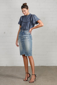 Washed Denim Pencil Skirt