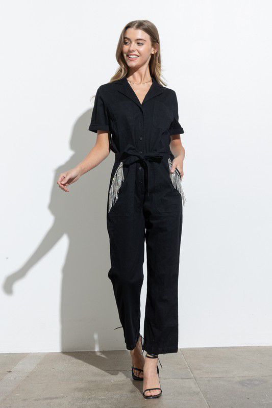 Black Fringe Bling Jumpsuit