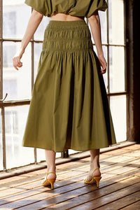 Marais Olive Smocked Midi Skirt