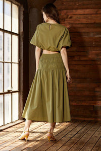 Marais Olive Smocked Midi Skirt