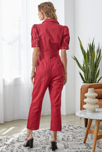 Load image into Gallery viewer, Puff Sleeve Denim Jumpsuit in Crimson
