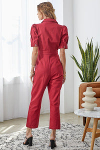 Puff Sleeve Denim Jumpsuit in Crimson