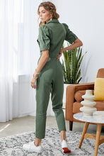 Load image into Gallery viewer, Puff Sleeve Denim Jumpsuit in Olive
