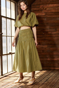 Marais Olive Smocked Midi Skirt