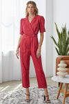 Puff Sleeve Denim Jumpsuit in Crimson