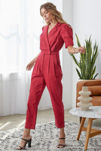 Load image into Gallery viewer, Puff Sleeve Denim Jumpsuit in Crimson
