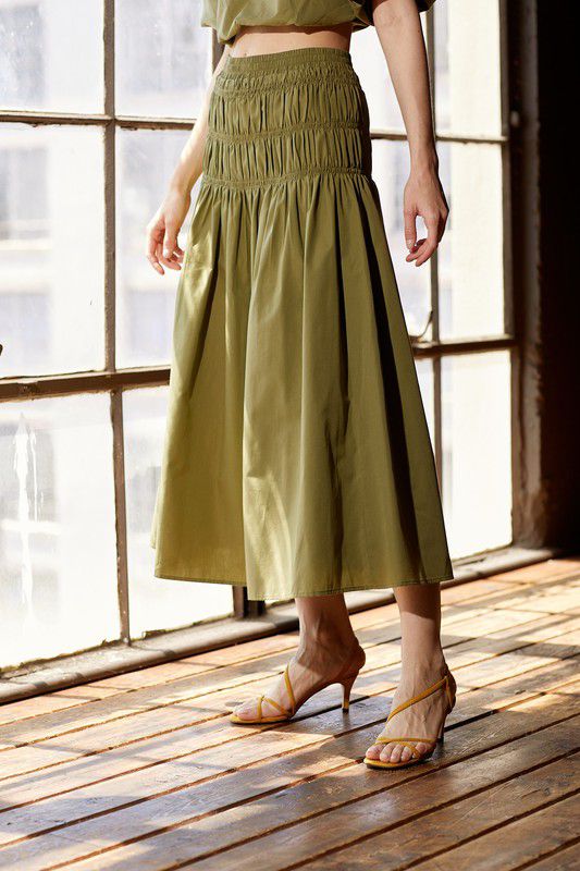 Marais Olive Smocked Midi Skirt